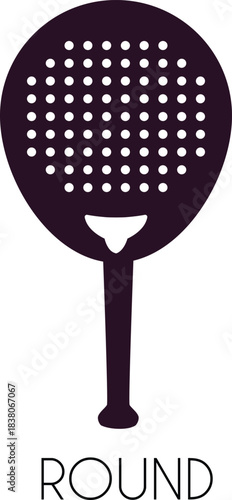 Padel racket round shape with title vector silhouette, paddle ball tennis racket perforated surface, sports equipment