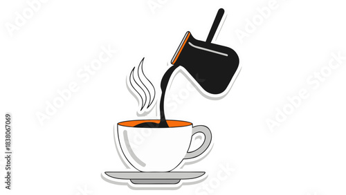 Stylized Illustration of Dark Coffee Being Poured From A Pot Into A White Cup With An Orange Rim On A Saucer With Wisps Of Steam Rising Against A Black Background Minimalist Style