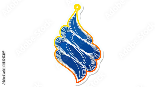 Stylized abstract graphic emblem resembling a flame or ice cream cone with blue swirls and orange yellow highlights on a black background vibrant energetic design element