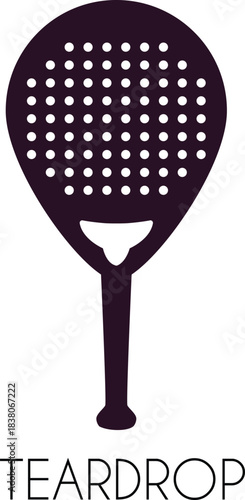 Padel racket teardrop with title vector silhouette, tennis racket with perforated surface, professional sports equipment