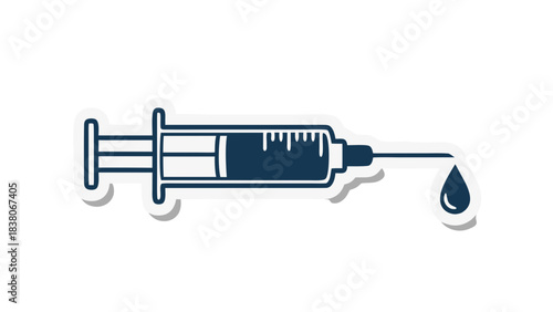 Stylized Illustration of a Medical Syringe with a Droplet of Liquid Falling from the Needle against a Dark Background with a White Outline and Shadow Effect