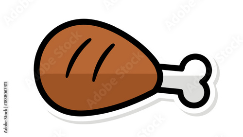 Stylized illustration of a cooked chicken leg with a bone protruding from a brown meat portion set against a stark black background with a white outline and shadow effect