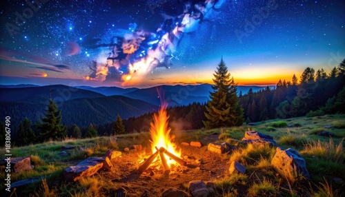 A vibrant campfire illuminates a grassy mountain clearing beneath a stunning, star-filled night sky.