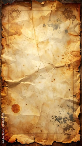 An aged and crumpled parchment background with intricate corner markings and stains.
