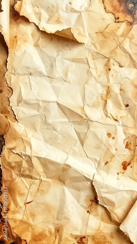 A highly detailed, crumpled, and aged paper texture background with sepia tones and water stains.