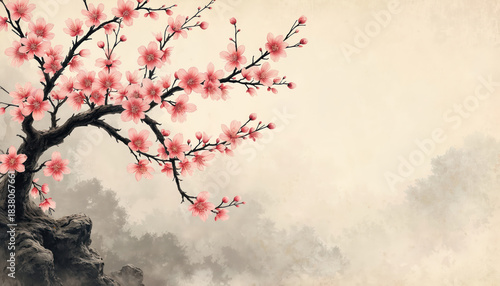 Illustration of Chinese traditional landscape featuring plum blossom tree. Artwork depicts pink flowers tree branch with old paper texture. Oriental art. Spring floral design
