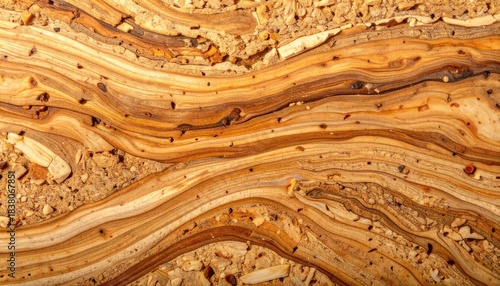 Abstract view of wavy, layered, golden-brown sedimentary rock texture with embedded granular material.