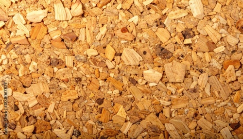 A close-up texture background of light brown wood chips and sawdust mixture.