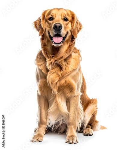 A happy Golden Retriever dog sitting against a white background.