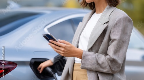 Woman using smartphone while charging electric vehicle, sustainable urban embracing transportation