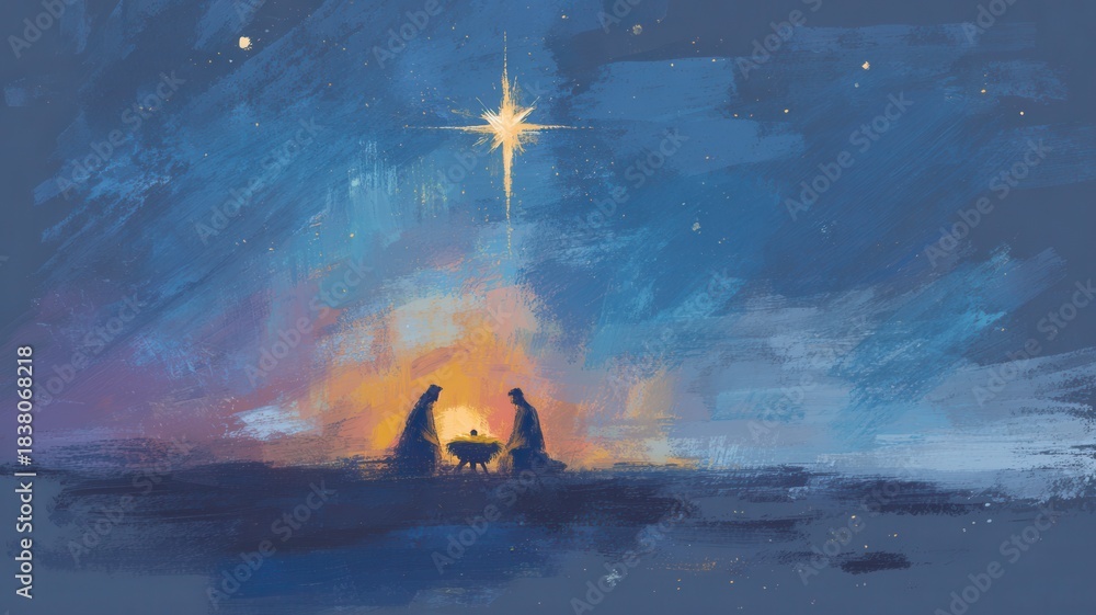 Fototapeta premium Representing the holy family, mary, joseph, and baby jesus a manger, with a guiding star brushstroke under a sky
