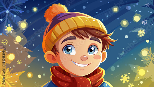 Very beautiful close-up winter portrait of a young boy smiling warmly, wearing a knitted beanie and scarf, playful snowflakes falling, Christmas atmosphere with gentle golden lights creating a festive
