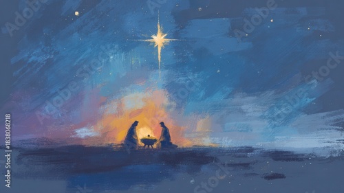 Representing the holy family, mary, joseph, and baby jesus a manger, with a guiding star brushstroke under a sky