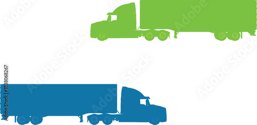The top truck is depicted in a bright green hue, while the bottom truck is shown in blue. Both trucks are oriented to face right, creating a sense of movement and direction.