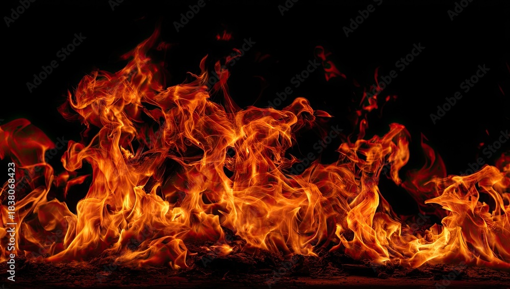 Obraz premium Bright orange flames dancing against a black background, showing high heat
