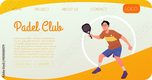 Padel club landing page, advertising web vector banner, man sports character hitting the ball with the padel racket