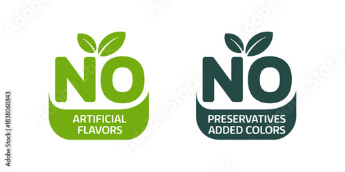 No artificial flavors, no preservatives added colors food labels isolated on white background