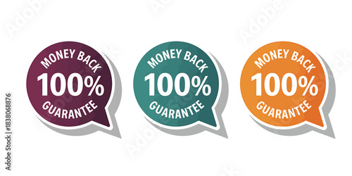 Three colorful 100% money back guarantee labels or stickers on a light gray background.