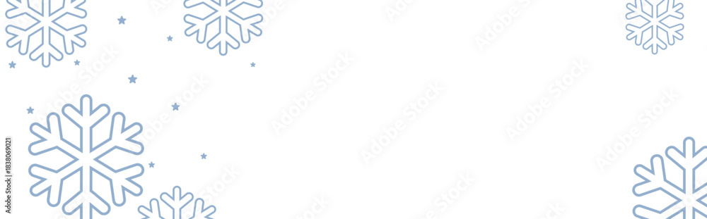 Fototapeta premium Clean winter background with pale blue geometric snowflakes and tiny stars on white, leaving ample copy space for Christmas greetings, holiday banners, invitations, and seasonal promotional designs.
