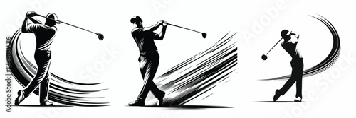 silhouette image of a man playing golf on a white background