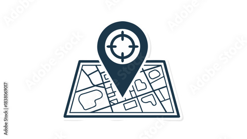 Stylized Map With Navigation Pin And Targeting Reticle Overlay Representing Location Search And Destination Planning On A Plain Black Background
