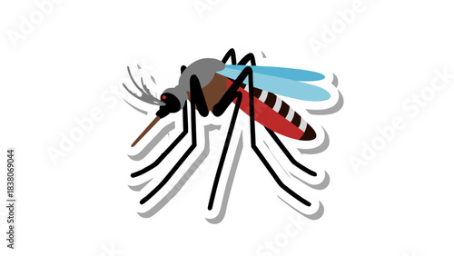 Stylized Mosquito Illustration with Red Abdomen and Blue Wings Isolated on Black Background Detailed Insect Anatomy Macro View