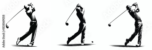 silhouette image of a man playing golf on a white background