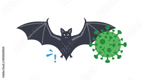 Stylized Pixel Art Bat with Spikes Approaching a Green Coronavirus Particle on a Black Background
