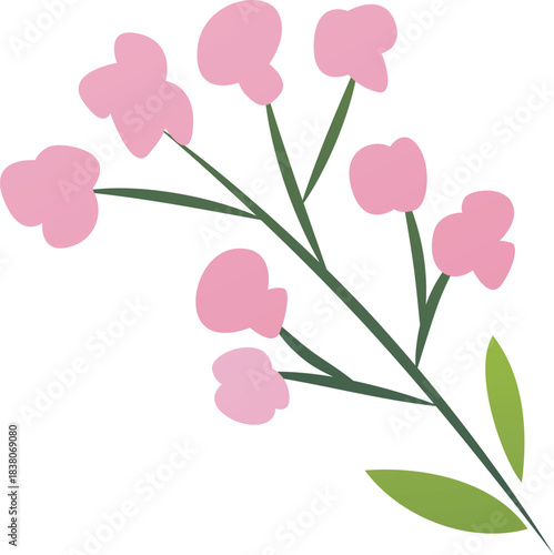 Branch with pink daisy flowers and leaves vector flat icon, beautiful blossom plant, floral design nature decoration