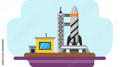 Stylized Rocket on Launchpad with Control Tower on a Flat Earth Landscape Under a Blue Sky Vector Illustration