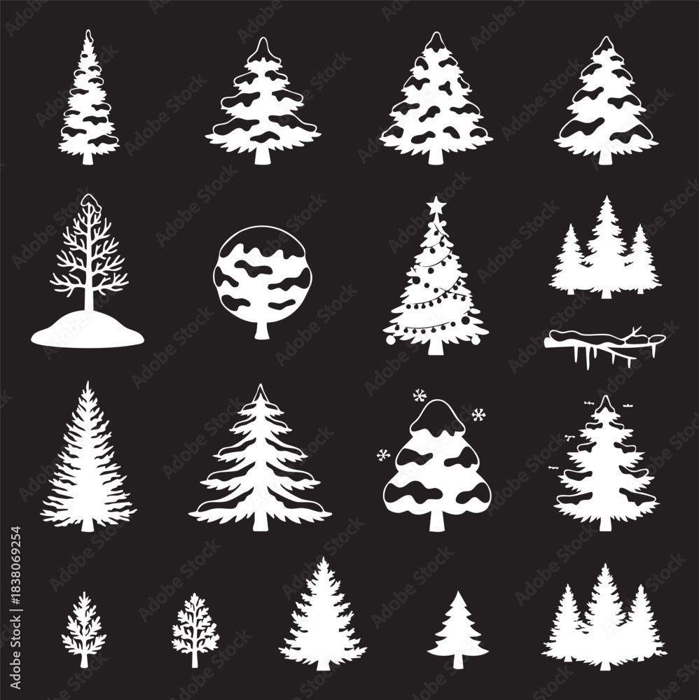 Obraz premium Christmas trees collection illustration set features various evergreen tree designs many adorned with snow and one decorated with lights perfect for holiday and winter season themes