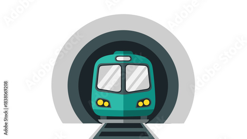 Teal Colored Train Emerging From A Dark Tunnel On A Railroad Track With Circular Archway Entrance And Subtle Lighting