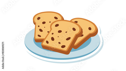 Three Slices of Toasted Bread with Dark Chocolate Chips Served on a Light Blue Plate Against a Black Background Simple Vector Illustration