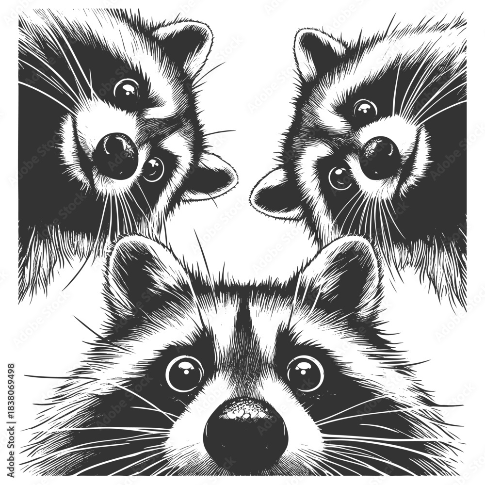 Naklejka premium three raccoons peering downward with wide-eyed expressions, ideal for humor or wildlife themes sketch engraving generative ai vector illustration. Scratch board imitation. Black and white image.