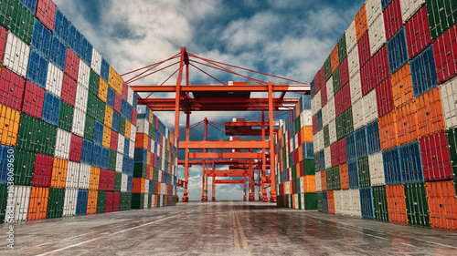 Tableau sur toile Colorful cargo container stacks and cranes at shipping terminal