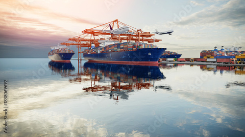 Cargo ship with cranes reflection at sunrise