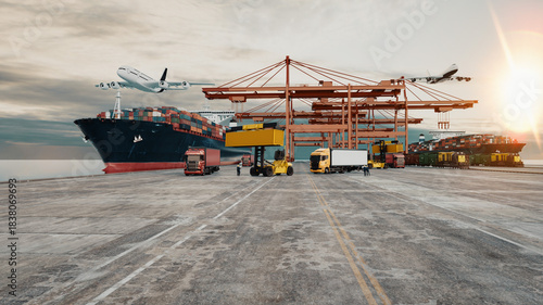 Cargo ship and container cranes at seaport terminal