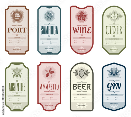 Set of vintage bottle label design with ethnic elements in thin line style