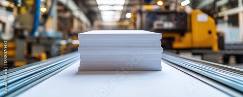 Stacking freshly cut paper sheets in factory.