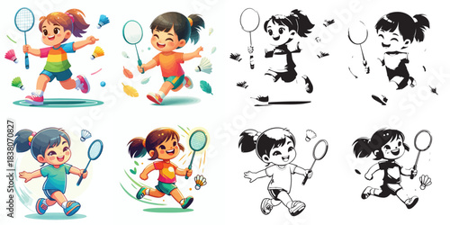 vector and silhouette set of little boy playing badminton on white background