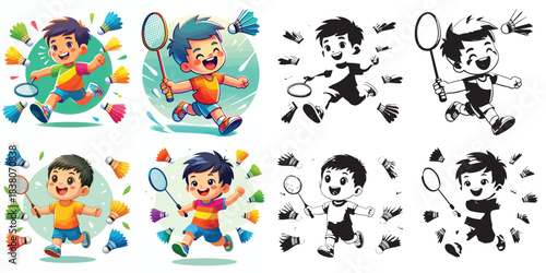 vector and silhouette set of little boy playing badminton on white background