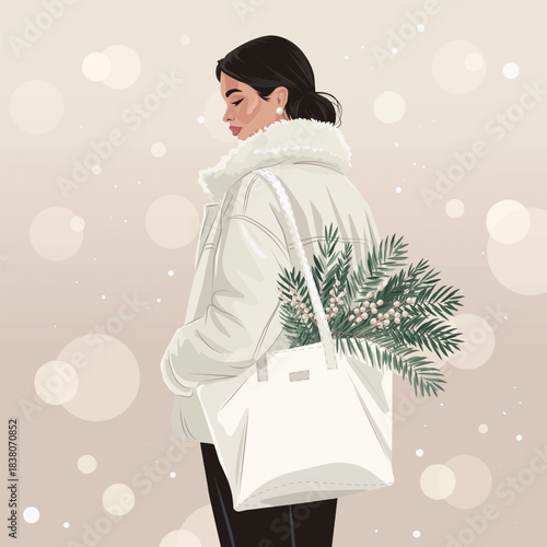 Elegant winter fashion vector of young woman in white shearling coat and tote bag with pine branches on neutral bokeh background, perfect for Christmas cards, holiday branding, social media posts.