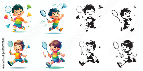 vector and silhouette set of little boy playing badminton on white background