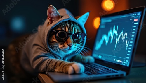 Wallpaper Mural Cat wearing glasses and hoodie works on laptop. Feline analyzes stock market chart on computer screen. Animal uses technology for online trading or learning in dark room. Torontodigital.ca