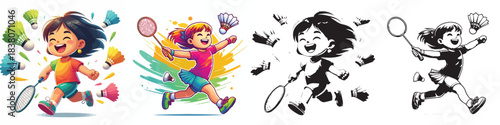 vector and silhouette set of little boy playing badminton on white background