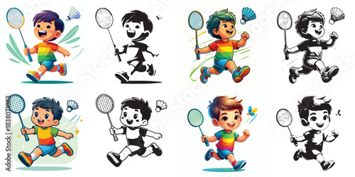 vector and silhouette set of little boy playing badminton on white background