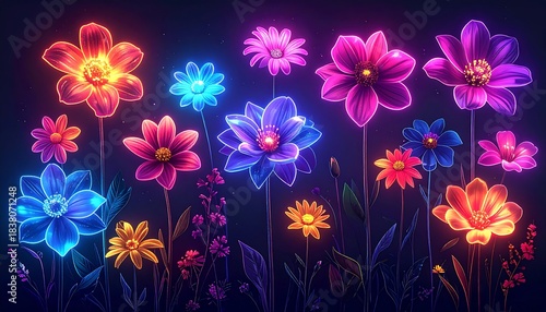 Vibrant Neon Flowers in Dark Background.