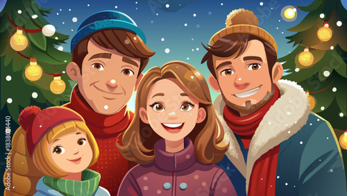 Very beautiful close-up Christmas family portrait with parents and two children smiling together in winter outfits, soft snow falling, warm festive lights in the background creating a joyful and heart