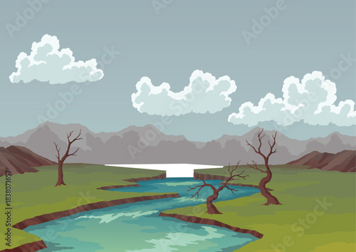 Pollution earth. Landscape with ecological disaster. Dirty waste water polluted environment. Contaminated land with dead trees, polluted environment. Ecology problem concept in flat style