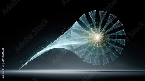 Holographic blueprint of a complex jet engine, floating in mid-air, glowing cyan lines and data points, engineering precision, dark minimalist background 